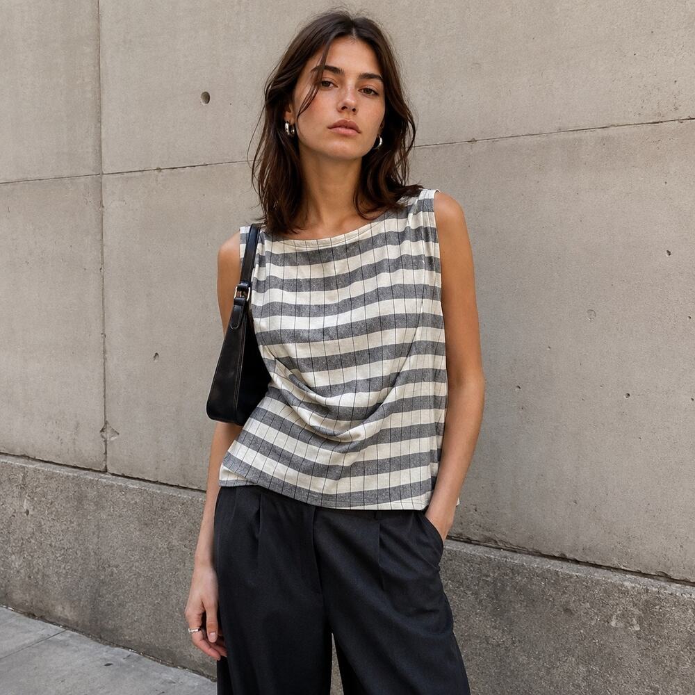 T & S Hand Crafted by Abby Foster Striped Sleeveless Top Coastal Scandi Girl LG